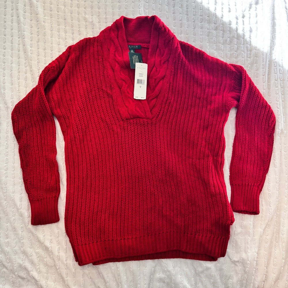 NWT Red Knit Ralph Lauren Women's Sweater 100% Cotton Size Medium